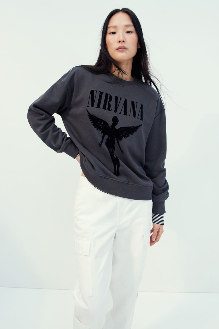 Sweatshirt with Motif - Dark gray/Nirvana - Ladies | H&M US | H&M (US + CA)