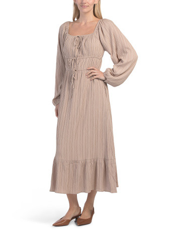 Square Neck Textured Midi Dress With Front Ribbon Tie | TJ Maxx