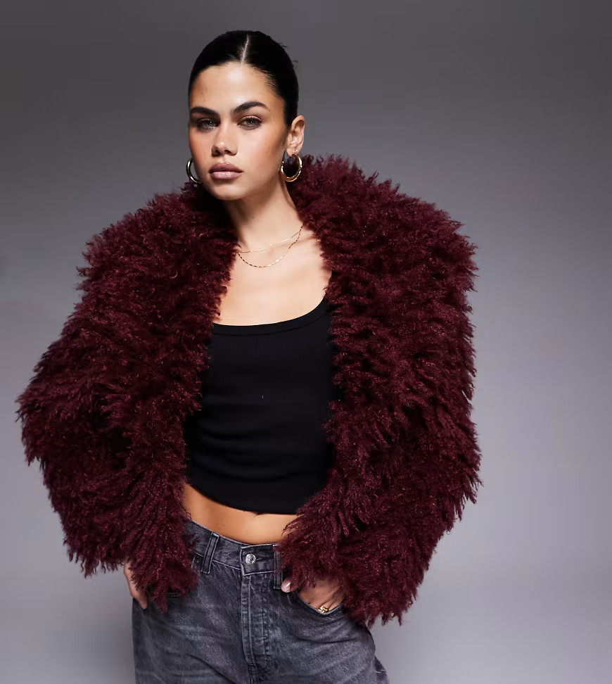 The Frolic exclusive oversized collar mongolian faux fur jacket in burgundy-Purple | ASOS (Global)
