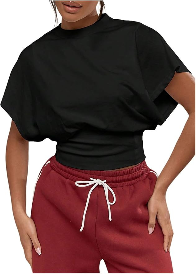 SHENHE Women's Cap Sleeve Dolman T Shirt Crew Neck Cinched Waist Loose Summer Crop Top | Amazon (US)