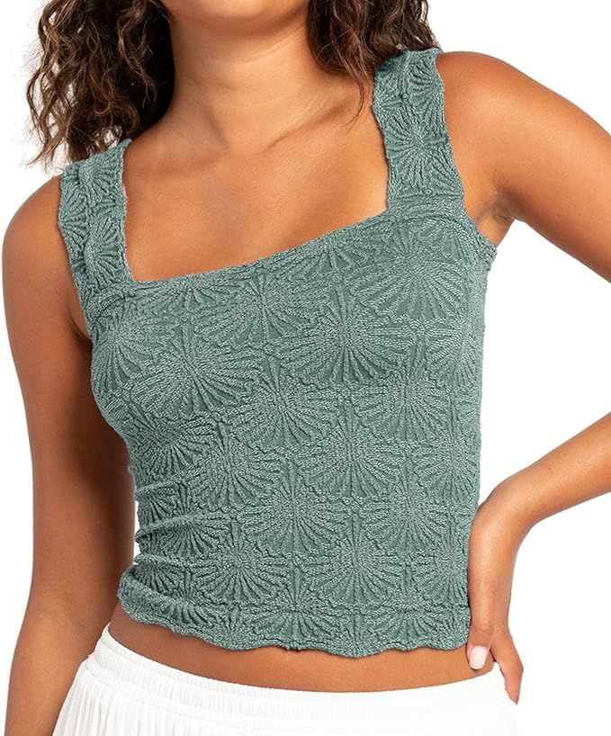 Women's Square Neck Wide Strap Crop Tank Tops Flower Going Out Tops Slim Fit Lettuce Trim Crop Ca... | Amazon (US)