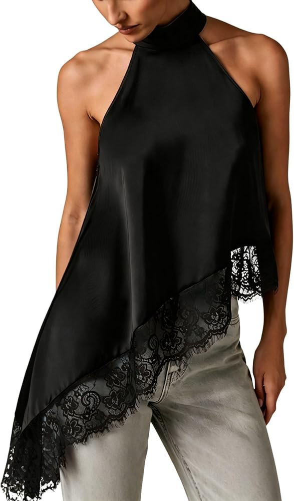 Halter Neck Sleeveless Tops for Women Dressy Asymmetrical Lace Hem Summer Vacation Going Out Tank... | Amazon (US)