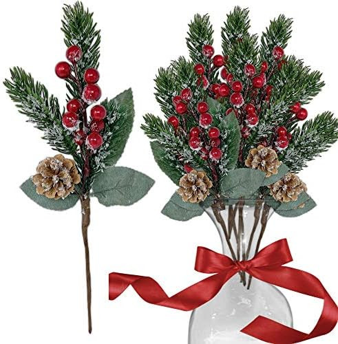 Holiday Pine Snowy Flower Picks 10 Pieces - Snow Flocked Red Holly Berry Pine Cone Floral Sprays Dec | Amazon (US)