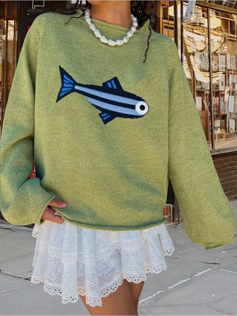 Women Crew Neck Rib Knit Fish Graphic Oversized Y2k Pullover Sweater Jumper Light Green M - Walma... | Walmart (US)