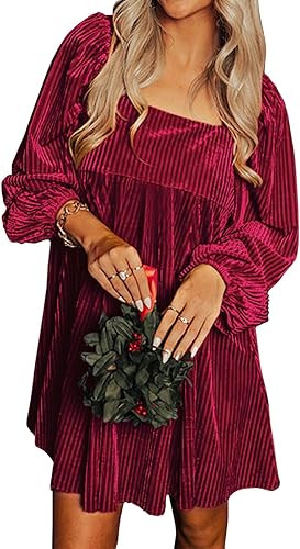 miduo Womens Loose Fit Square Neck Long Sleeve Velvet Mini Babydoll Dresses Shift Dress | Amazon (US)