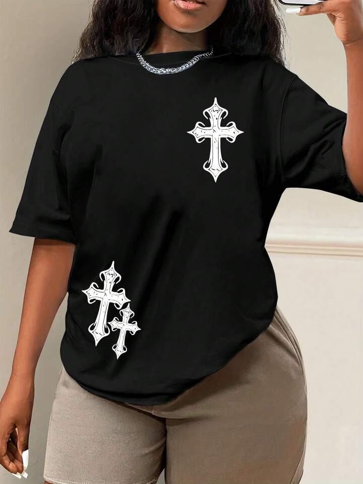 SHEIN Slayr Women's Plus Size Cross Print T-Shirt | SHEIN