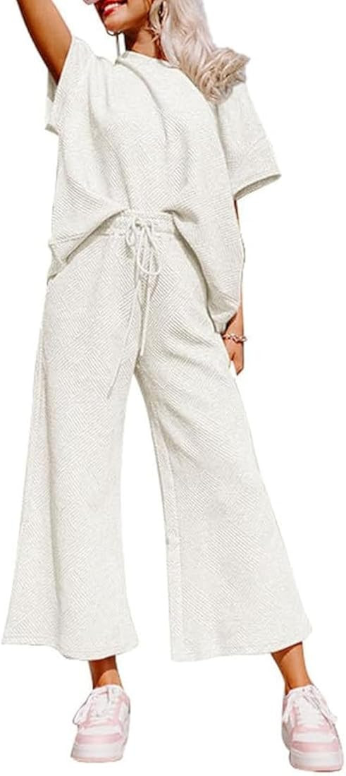 SHEWIN Women's 2 Piece Outfits Sweatsuit Casual Short Sleeve Pullover Tops and Drawstring Wide Le... | Amazon (US)