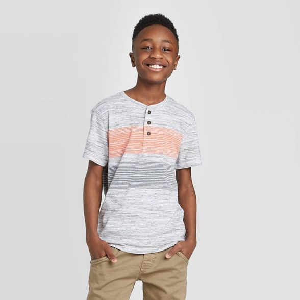Boys' Short Sleeve Henley Striped Shirt - Cat & Jack™ Gray/Orange | Target
