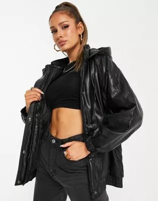 ASOS DESIGN quilted faux leather bomber jacket in black | ASOS (Global)