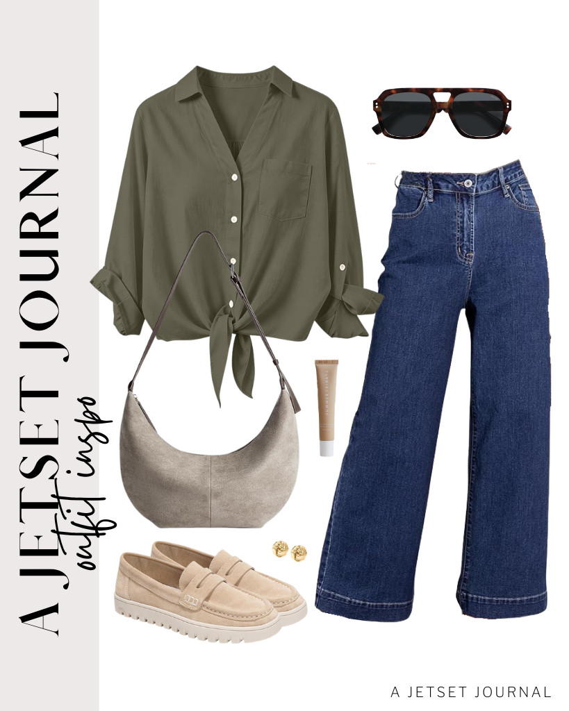 The next outfit is an army green tie-front cotton linen shirt worn with Dokotoo jeans. You can style this fit with a Suede Crescent shoulder bag and SOJOS aviator sunglasses. For your footwear, you can wear these Project Cloud slip-on loafers.

#LTKSeasonal #LTKSaleAlert #LTKTravel
 

 
