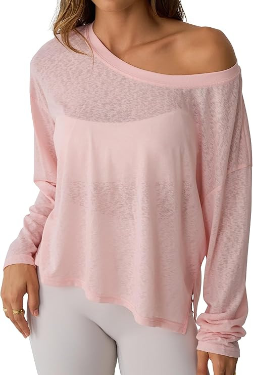 Hilinker Women's Sheer Off The Shoulder Tops Mesh Workout Sexy Long Sleeve T Shirt | Amazon (US)
