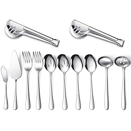 Patelai Serving Utensils Set Include Stainless Steel Large Spoons Slotted Spoons Forks Tongs Soup Ladle and Pie Server for Parties Buffet Catering, Dishwasher Safe(Silver,12 Pieces) | Amazon (US)