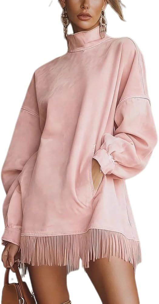 Apvirdy Womens Faux Suede Tassel Mini Dress Vintage High Neck Velvet Dresses Loose Pocket Long Sl... | Amazon (US)