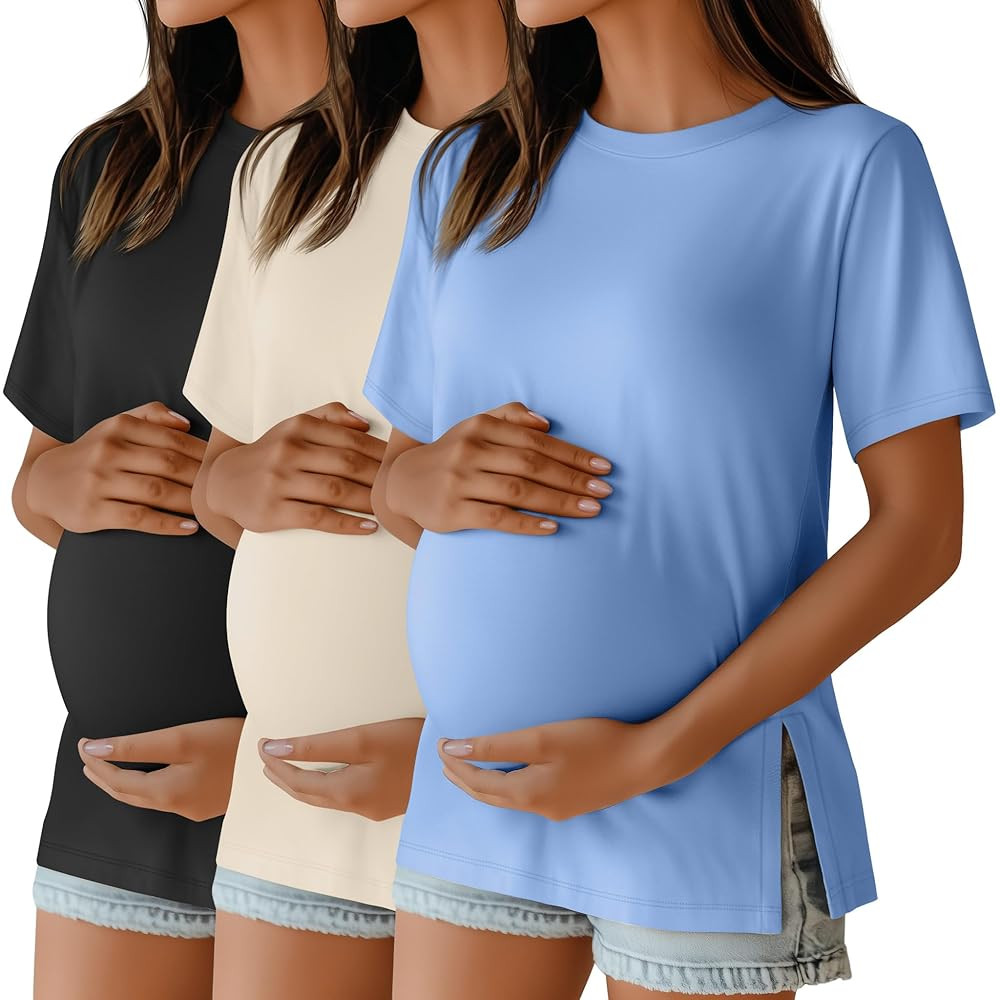 Ficerd 3 Pack Women's Maternity T Shirts, Short Sleeve Side Split Pregnancy Tops Casual Crew Neck... | Amazon (US)