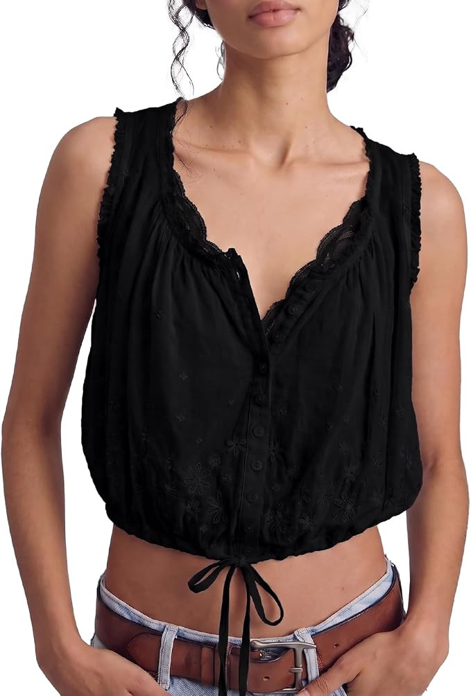 Gnveub Womens Summer Boho Lace Tank Cami Tops Button Down Sleeveless Flowy Blouses Crop Tops Clot... | Amazon (US)