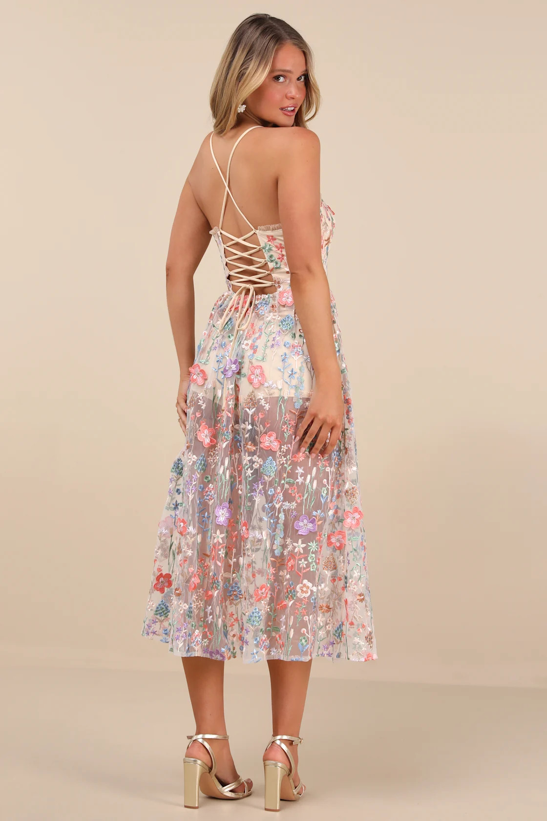 Mahryn Beige 3D Floral Embroidered Midi Bodysuit Dress | Lulus