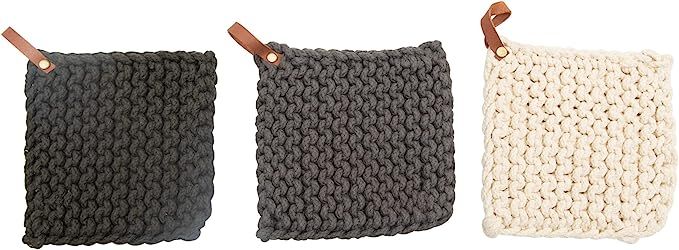 Creative Co-Op Square Crochet Cotton Leather Loop, Set of 3 Colors Pot Holder, Multicolored | Amazon (US)