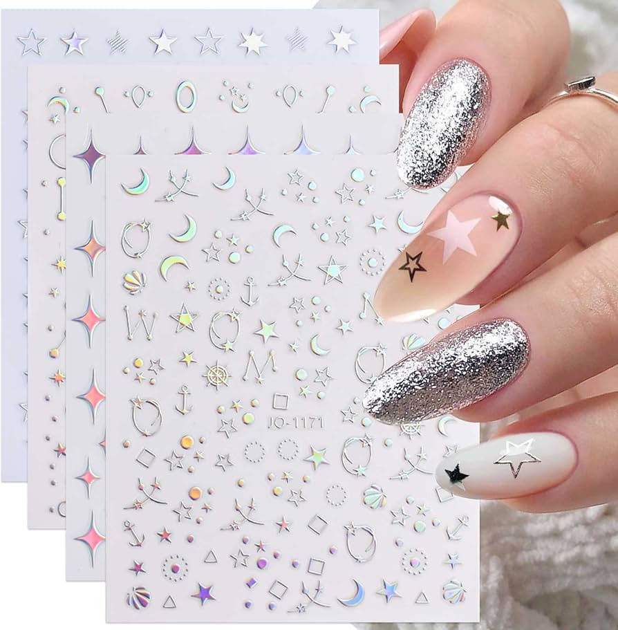 9 Sheets Aurora Holographic Nail Art Stickers Decals Self-Adhesive Pegatinas Uñas Stars Moon Gli... | Amazon (US)