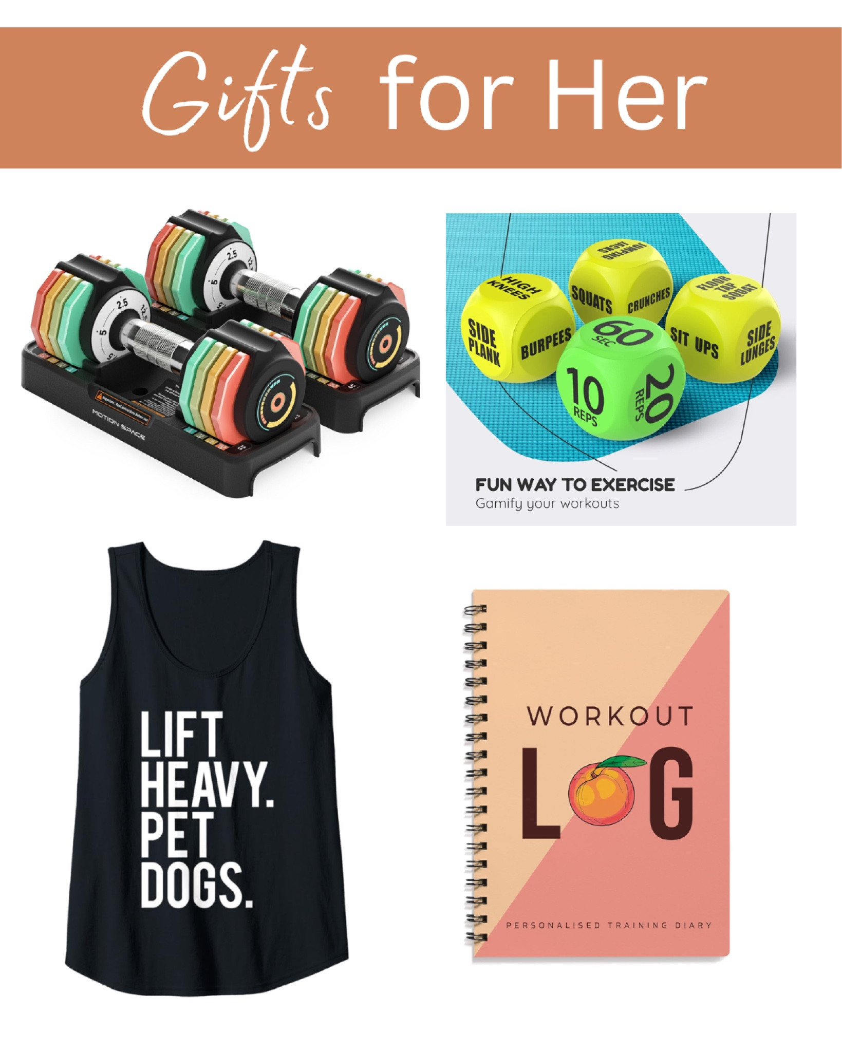 Gifts for her, exercise, workout, fitness, adjustable dumbbells, exercise dice, tank top, workout journal 

#LTKFindsUnder50 #LTKGiftGuide #LTKHoliday