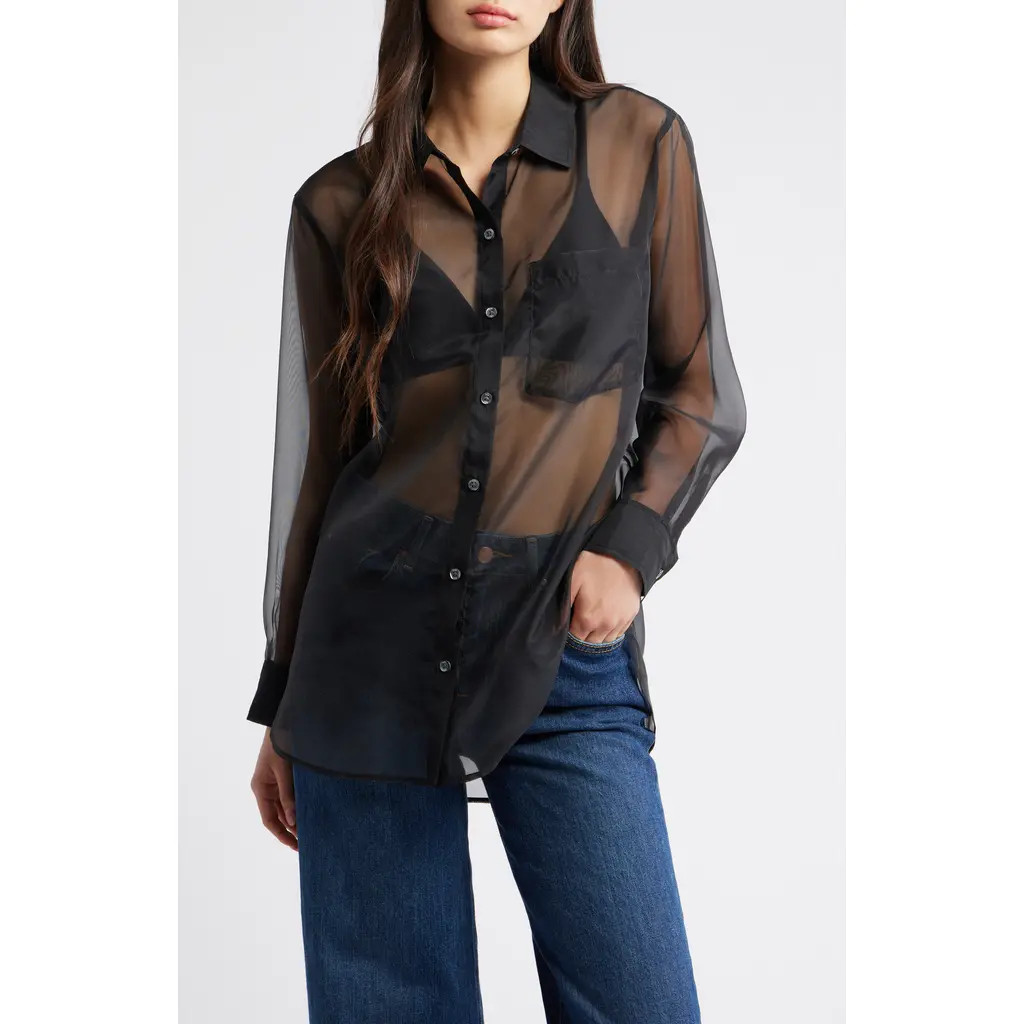 Rails Sofiya Sheer Oversize Button-Up Shirt in Black at Nordstrom, Size Medium | Nordstrom