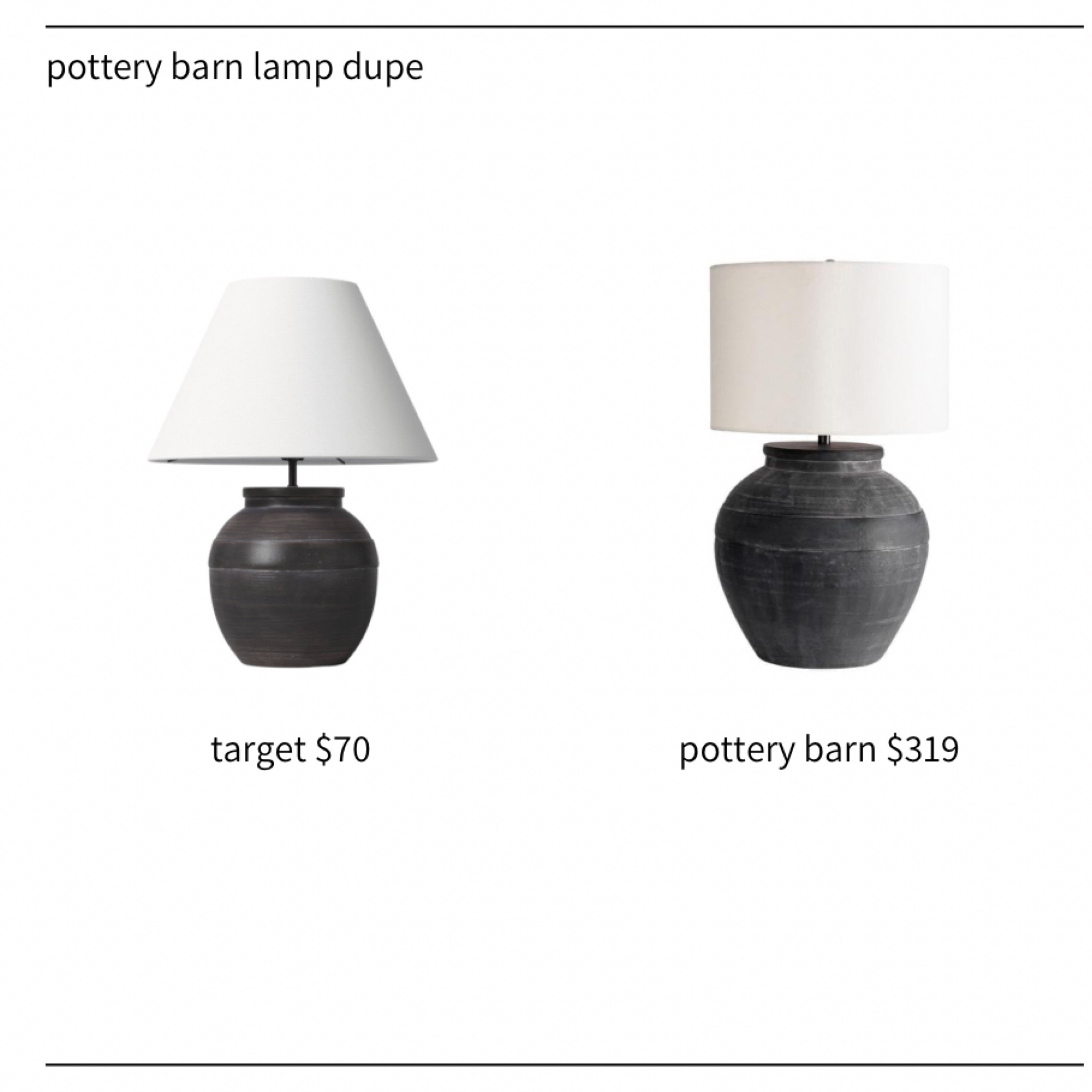 Pottery Barn table lamp dupe

—————————————————-

Save or splurge 
Target
Pottery Barn
Table lamp
Primary bedroom
Guest bedroom
Entryway 
Nightstand 


#LTKhome #LTKunder100 #LTKFind