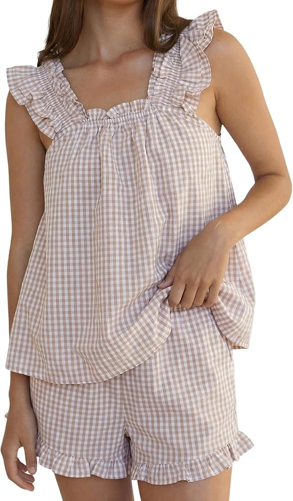 Wyeysyt Womens Gingham Pajamas Set Cotton Ruffle Babydoll Cami Top and Shorts 2 Piece Sleepwear L... | Amazon (US)