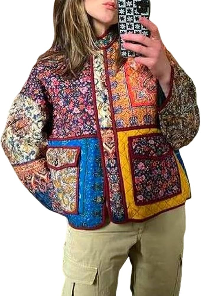 Wyeysyt Women's Cropped Puffer Jacket Lightweight Floral Print Long Sleeve Padded Quilted Puffy C... | Amazon (US)