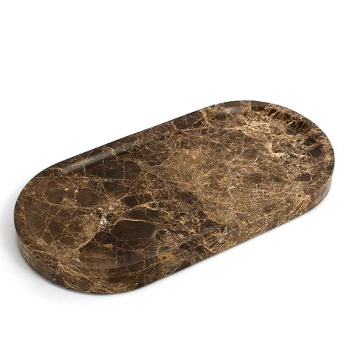 YMXYJM Genuine Real Natural Marble Tray for Bathroom, Luxury Dark Brown Stone Vanity Tray, Decorative Oval Trays for Countertop Storage, Vanity, Dresser, Kitchen, Home Decor, 11.8" x 6", Brown | Amazon (US)