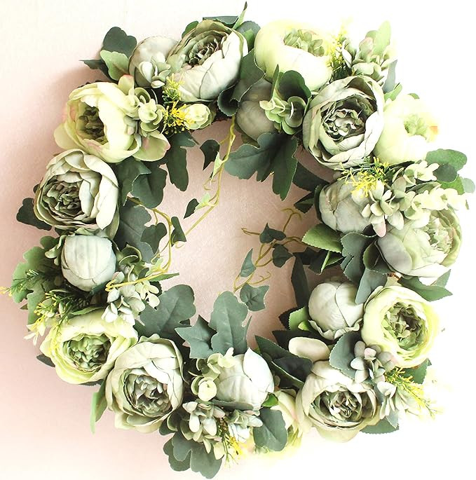 Dseap Wreath - Peony Flower Wreath, Floral Wreath, Door Wreaths for Front Door, 17-Inches, Green | Amazon (US)
