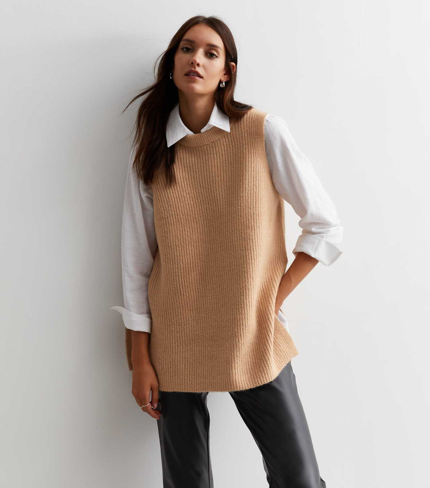 Camel Ribbed Knit Split Hem Vest | New Look | New Look (UK)