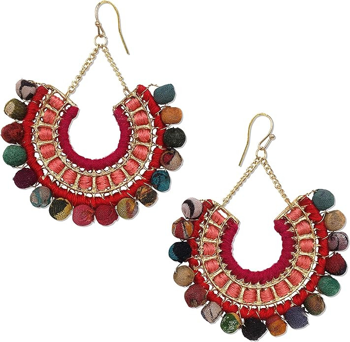 Handmade Earrings for Women Colorful Upcycled Fabric Beads Boho Statement Drop Dangle Style | Amazon (US)
