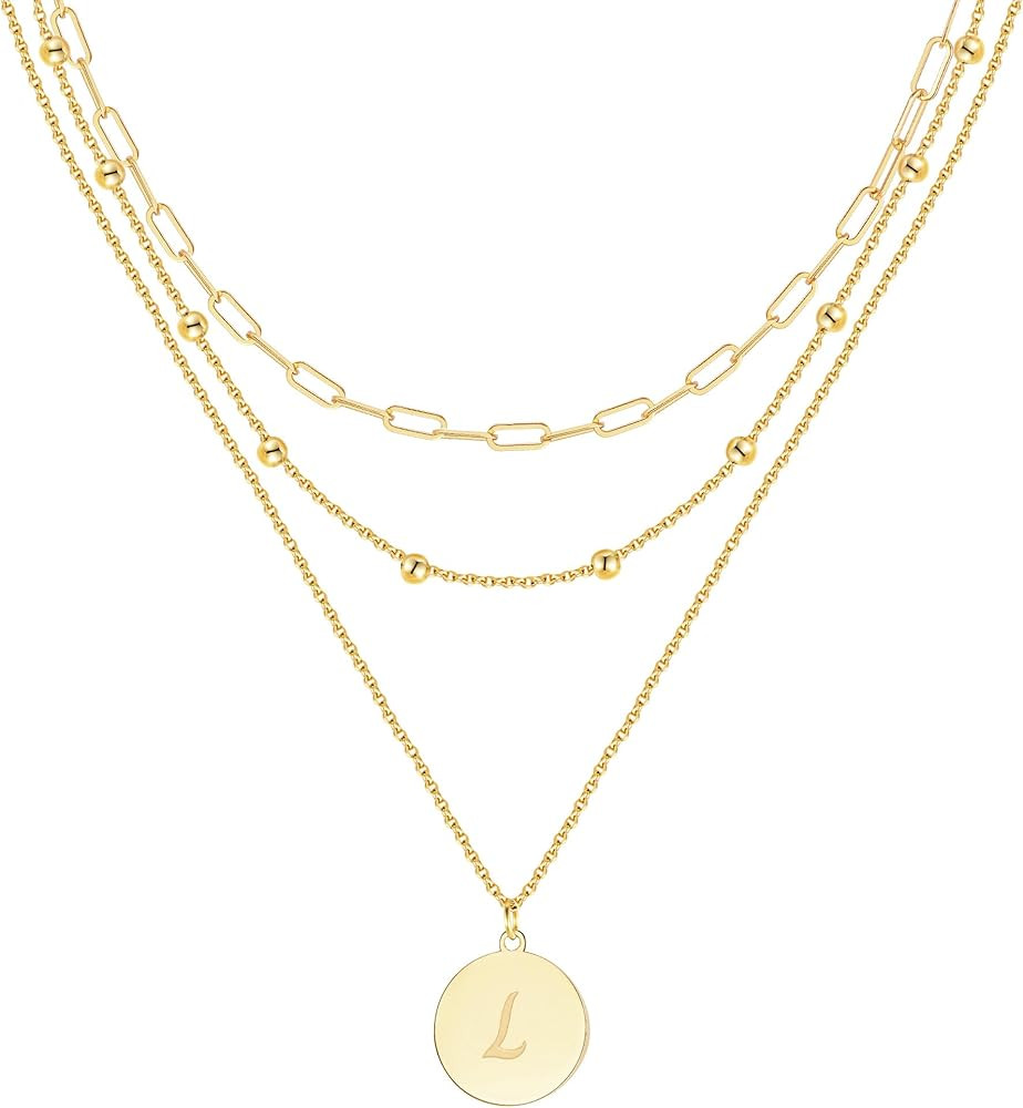 KSF Gold Layered Necklaces for Women Trendy - 14K Gold Plated Layered Choker Initial Letter Coin ... | Amazon (US)