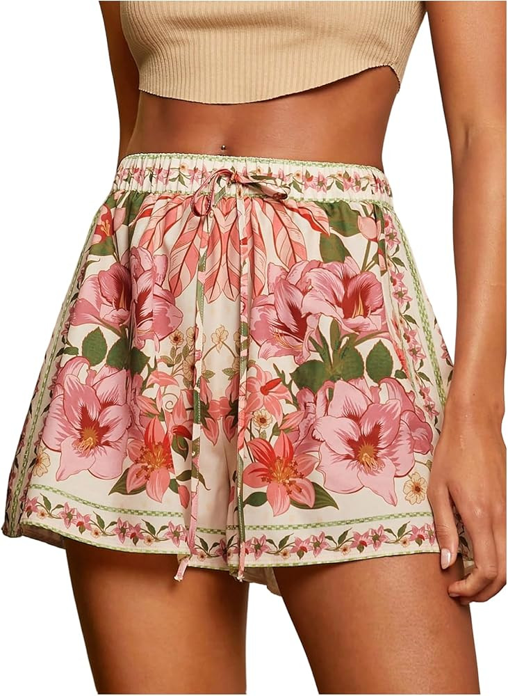 RoseSeek Women's Flowy Boho Floral Print Shorts Drawstring High Waisted Beach Vacation Outfits | Amazon (US)
