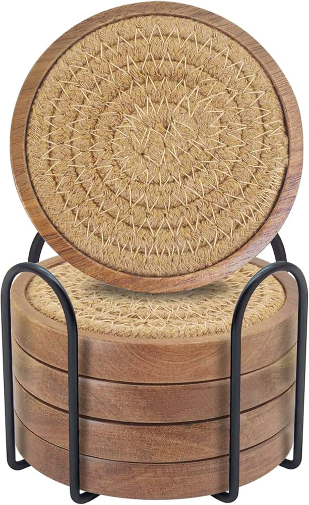 Eykao Coasters for Drinks Absorbent Sets of 5, Woven Coasters with Holder, Wood Coasters for Coff... | Amazon (US)
