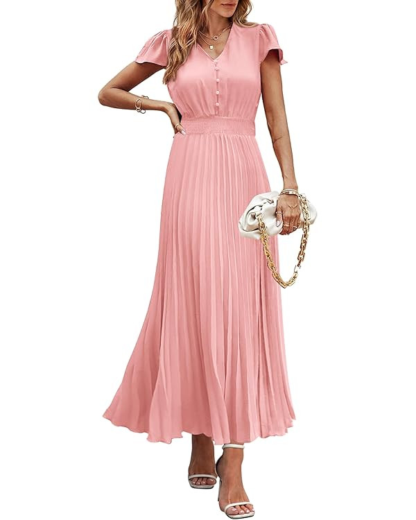 PRETTYGARDEN Women's Summer Maxi Dresses 2025 Trendy Casual Button V Neck Ruffle Cap Sleeve Long ... | Amazon (US)