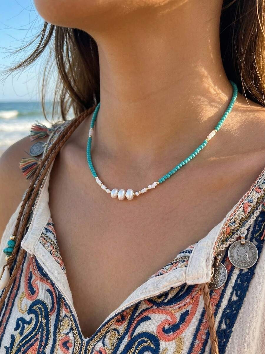 1pc Women's Bohemian Faux Pearl Decor Turquoise Beaded Necklace, Summer Sea Beach Style Jewelry, ... | SHEIN