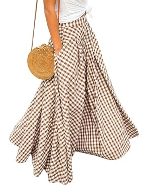 AELSON Women's Gingham Maxi Skirt High Waist Plaid Long Skirts for Women Pleated A Line Flowy Che... | Amazon (US)