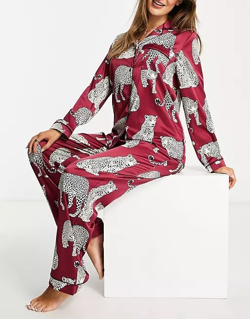 Chelsea Peers premium satin revere top and trouser pyjama set in wine leopard print | ASOS | ASOS (Global)