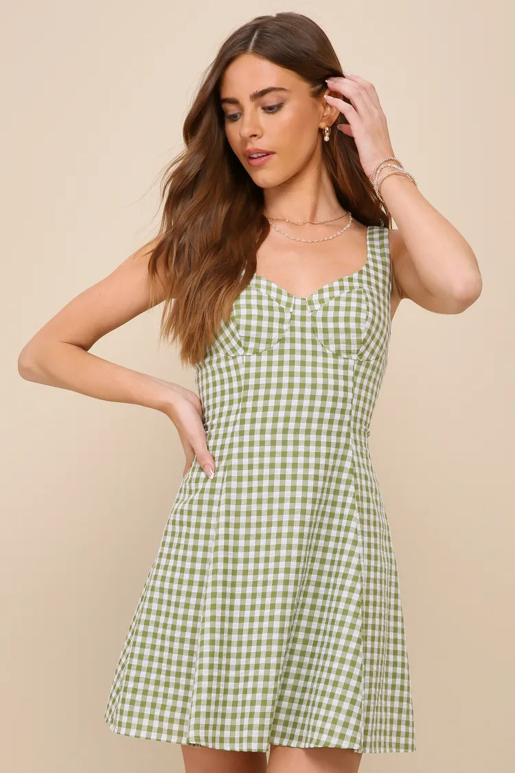 Pristine Chicness Green Gingham Sleeveless Bustier Mini Dress | Lulus