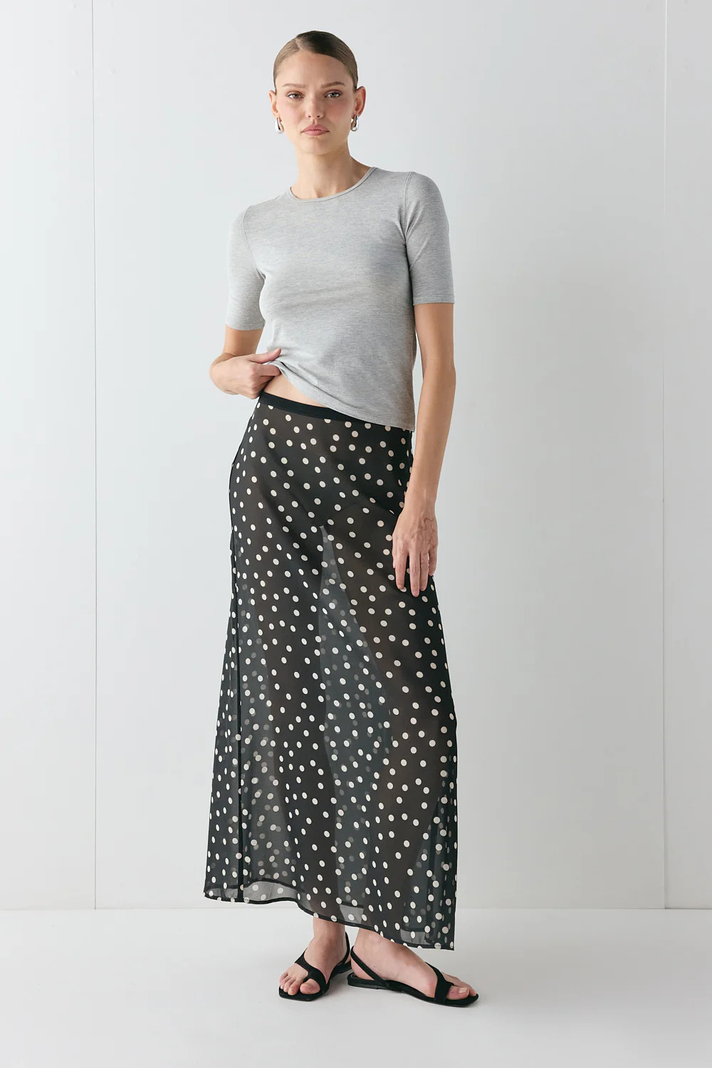 Vilma Sheer Maxi Skirt Black Polka Dot | VRG Grl