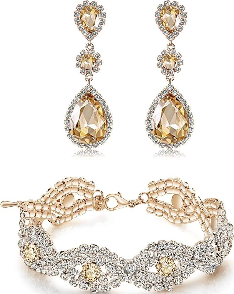 Silver/Gold Plated Bridal Wedding Rhinestone Earrings Bracelet Set for Wedding Brides Bridesmaids... | Amazon (US)