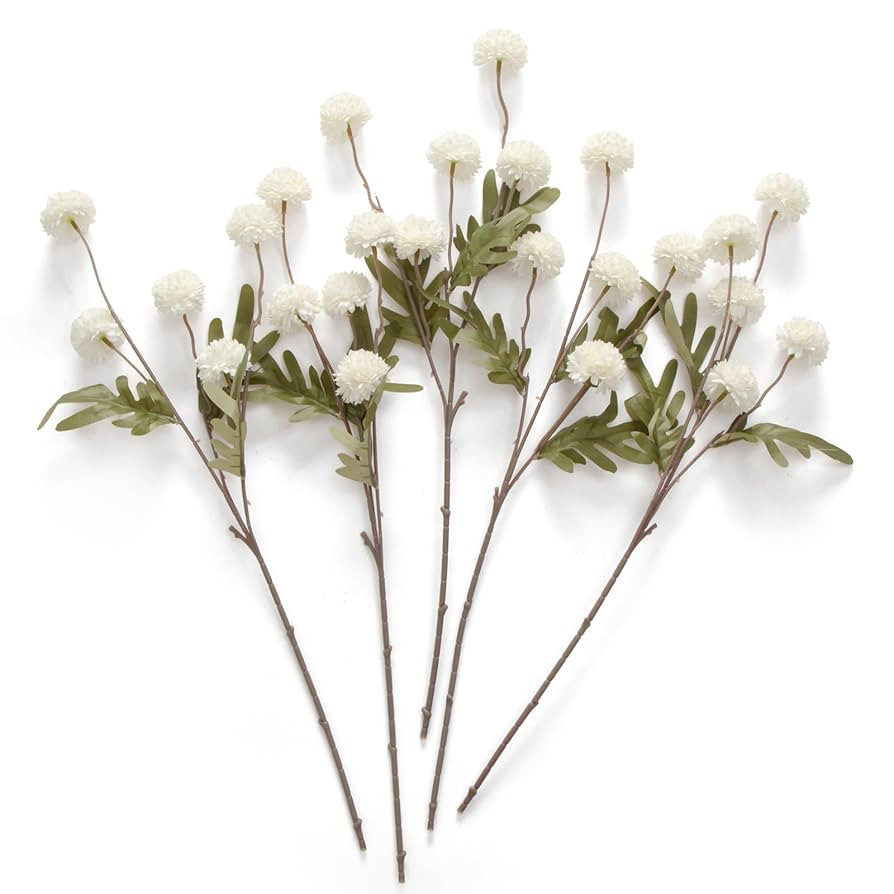 Artificial Kiku Flower White - 5 Pcs Fake Pompon Mums Silk Small Chrysanthemum Faux Ball Fall Flo... | Amazon (US)