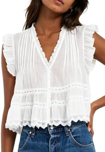 Women's Ruffle V Neck Babydoll Tank Top, Semi Sheer Lace Flowy Peplum Top, Boho Eyelet Button Dow... | Amazon (US)