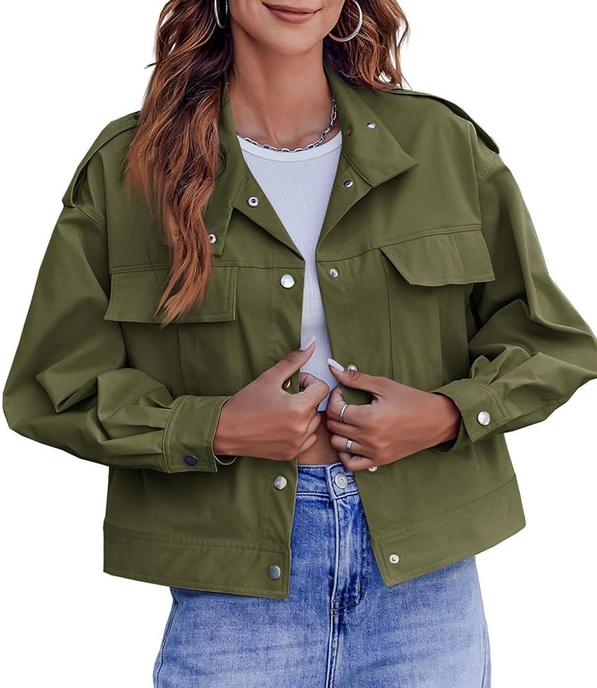 Fessceruna Women's Military Safari Cropped Jackets Button Down Lightweight Utility Anorak Coat Ou... | Amazon (US)