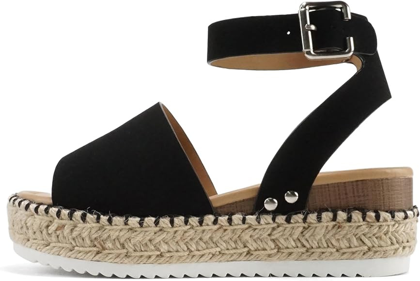 Soda Topic Open Toe Buckle Ankle Strap Espadrilles Flatform Wedge Casual Sandal | Amazon (US)