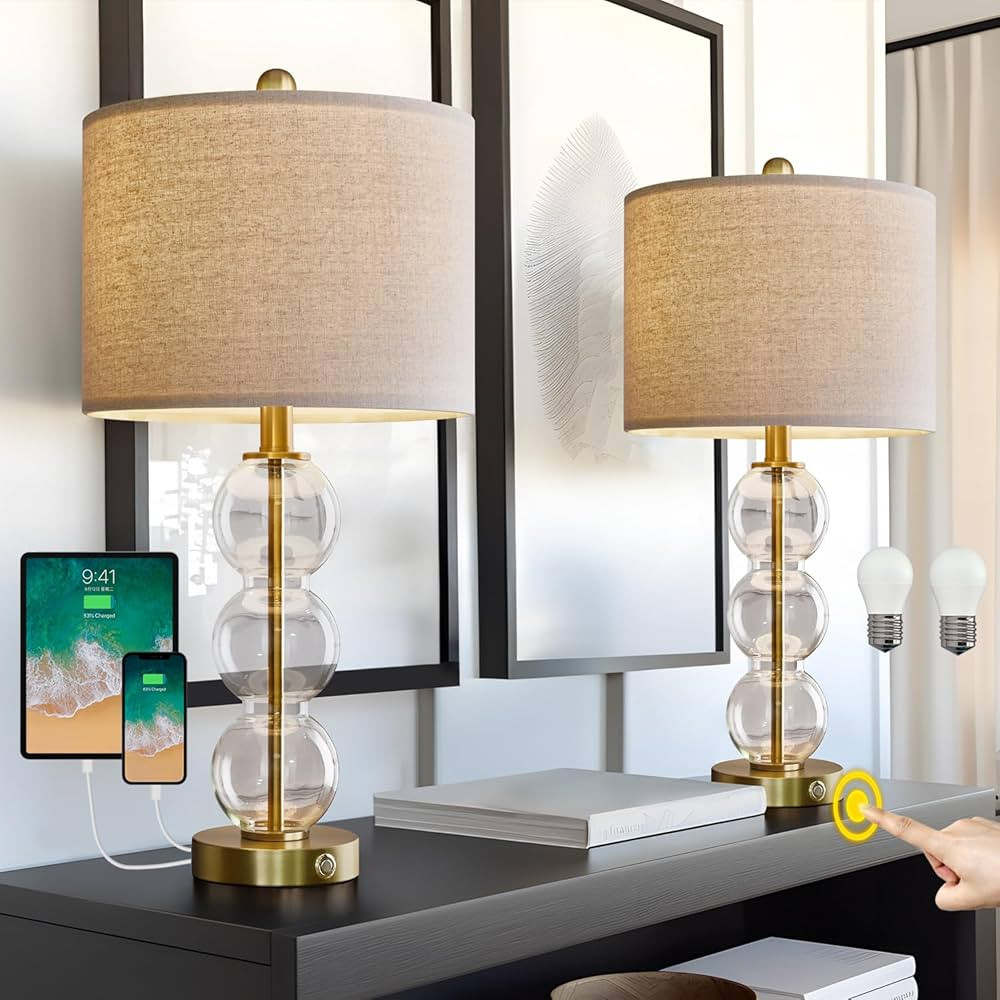 USB A+C 3 Way Dimmable Touch Control 24" Modern Style Clear Glass and Gold Metal Table Lamp for L... | Amazon (US)