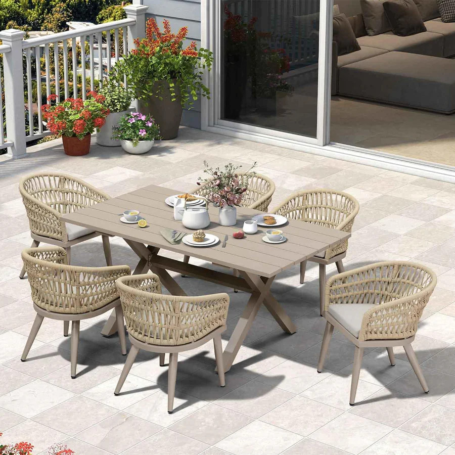PURPLE LEAF 7/9/11 Pieces Outdoor Dining Set for Garden, Champagne Rattan Chairs and Dinign Table | Purple Leaf