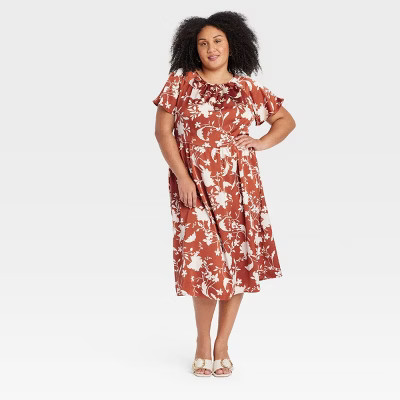 Women's Flutter Short Sleeve Satin Midi A-Line Dress - Ava & Viv™ | Target