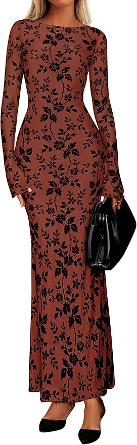 PRETTYGARDEN Women's Floral Bodycon Maxi Dress 2025 Fall Elegant Mesh Long Sleeve Formal Wedding ... | Amazon (US)