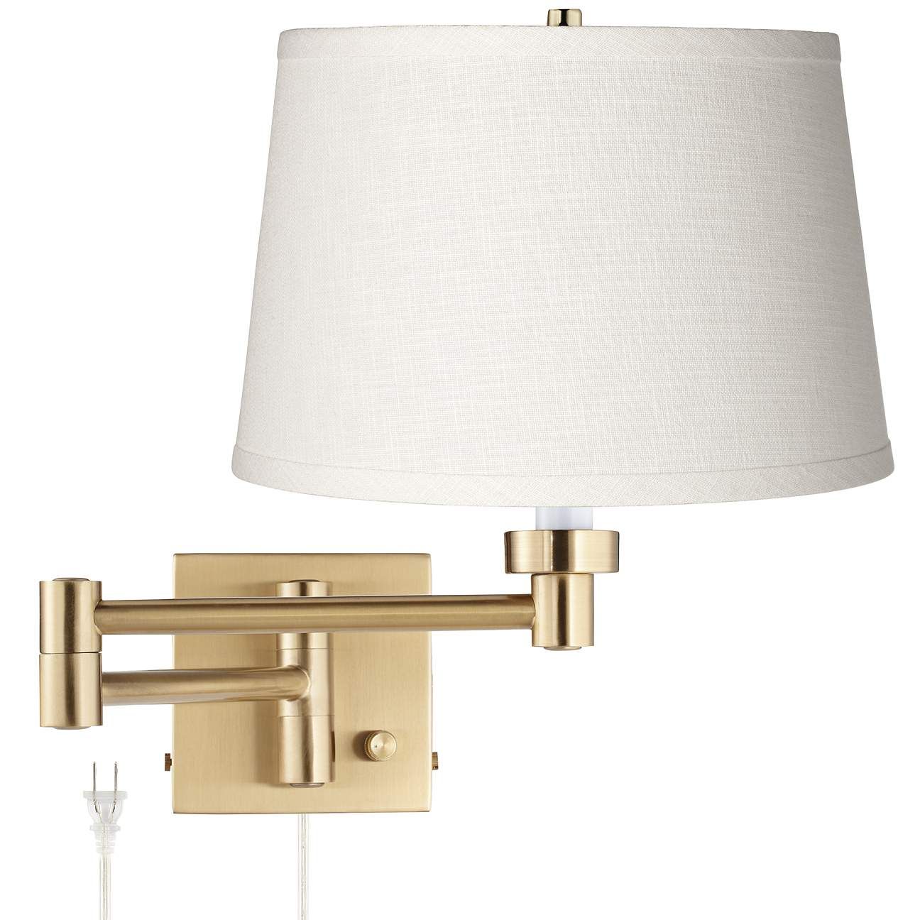 Alta Square White Linen and Antique Brass Plug-In Swing Arm Wall Lamp | Lamps Plus